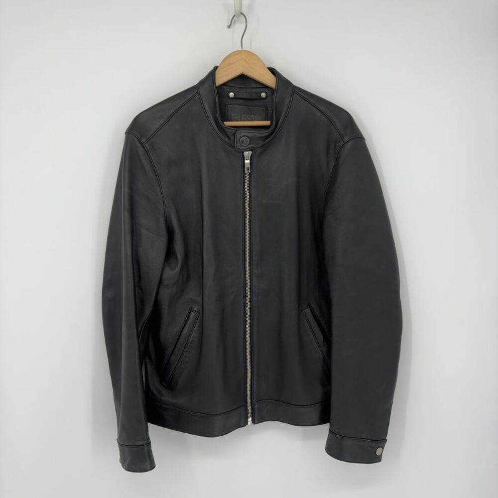 Thursday Boot Company Black Leather Bomber Racer Jacket Slim Fit